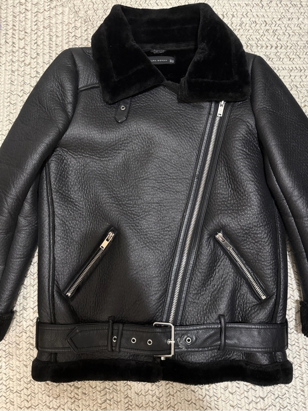 Zara Black Double-Faced Faux Shearling Biker Jacket - Picture 9 of 11